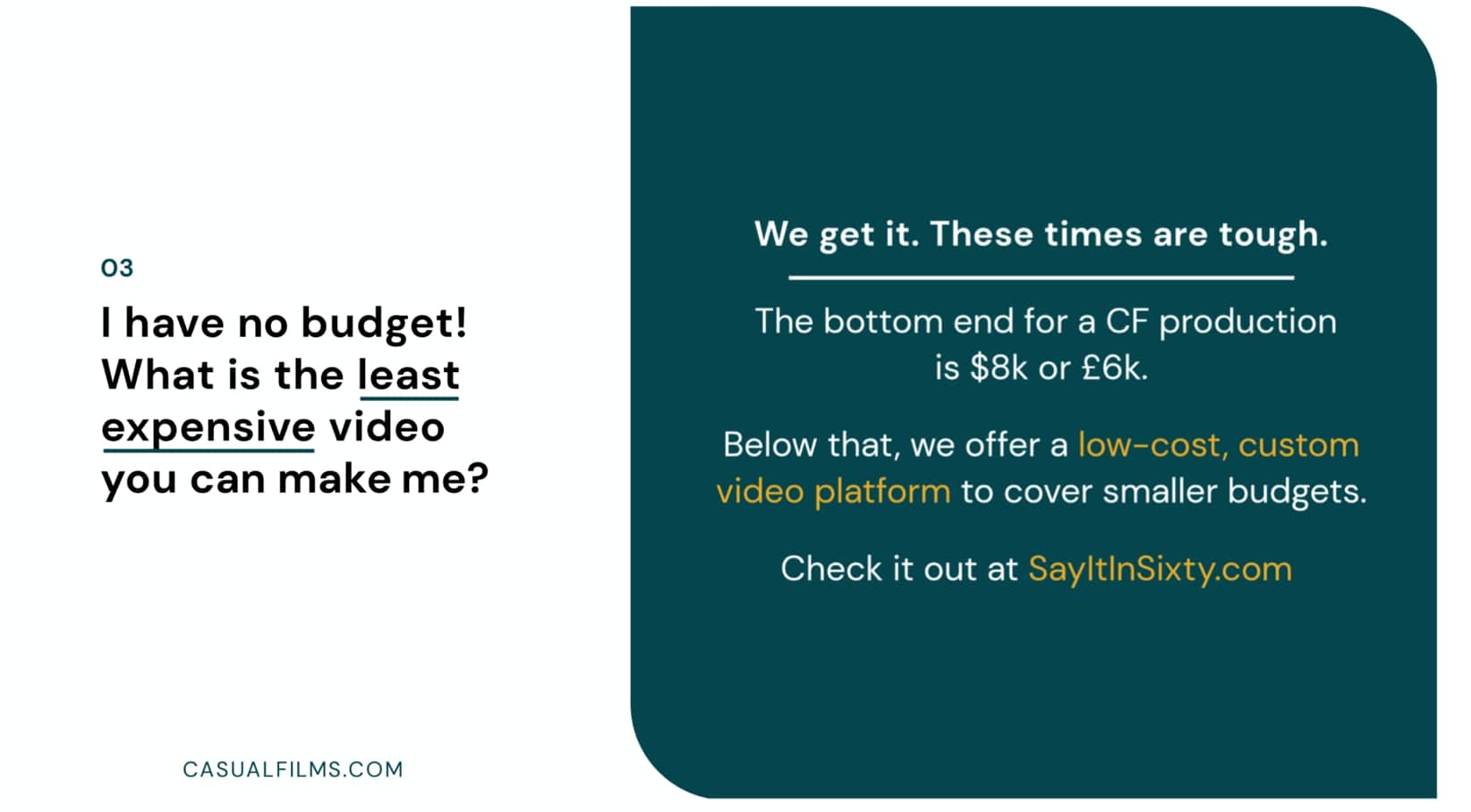 Casual Films - minimum budget for marketing and recruitment videos