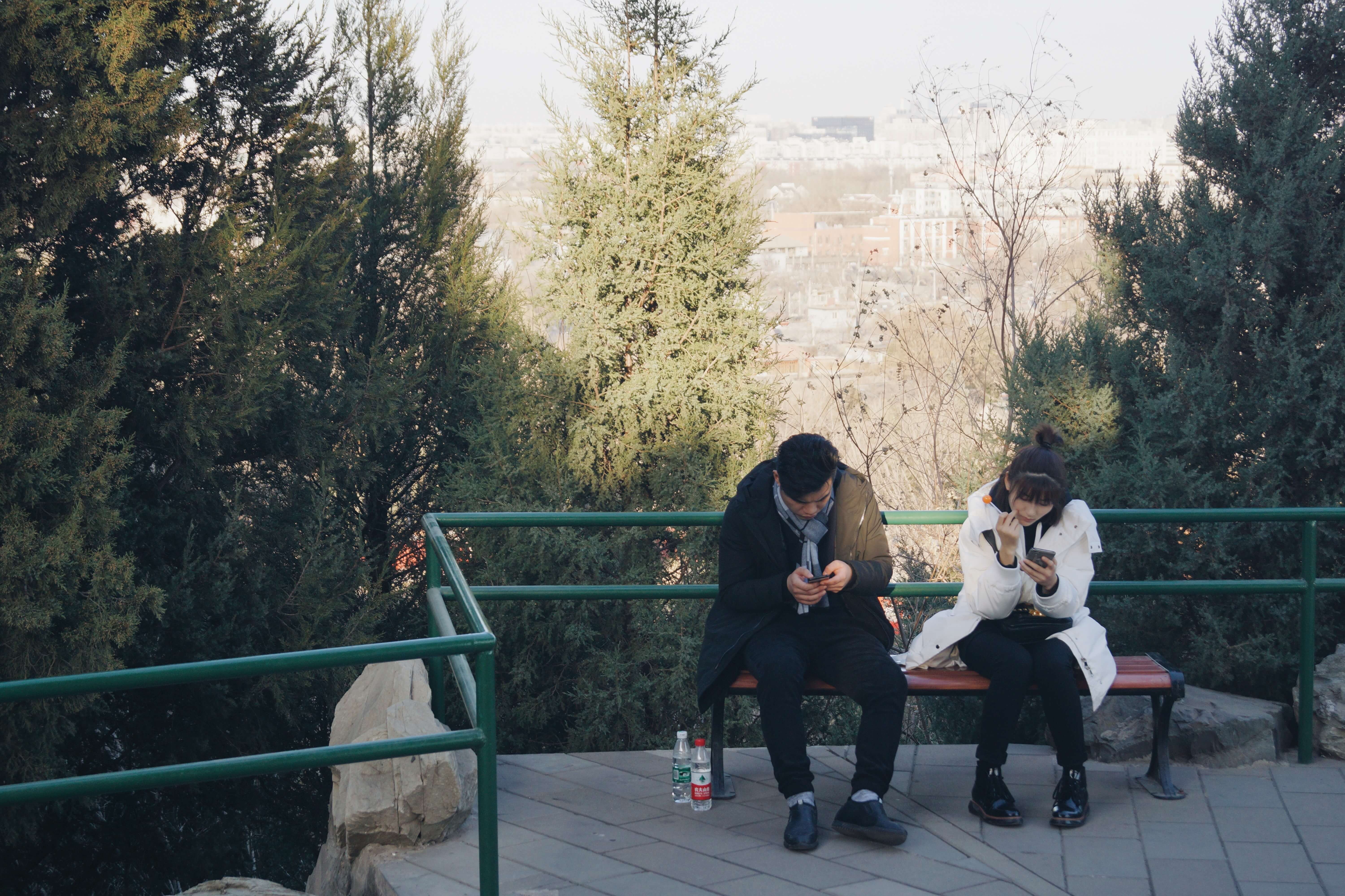 two people on a bench texting