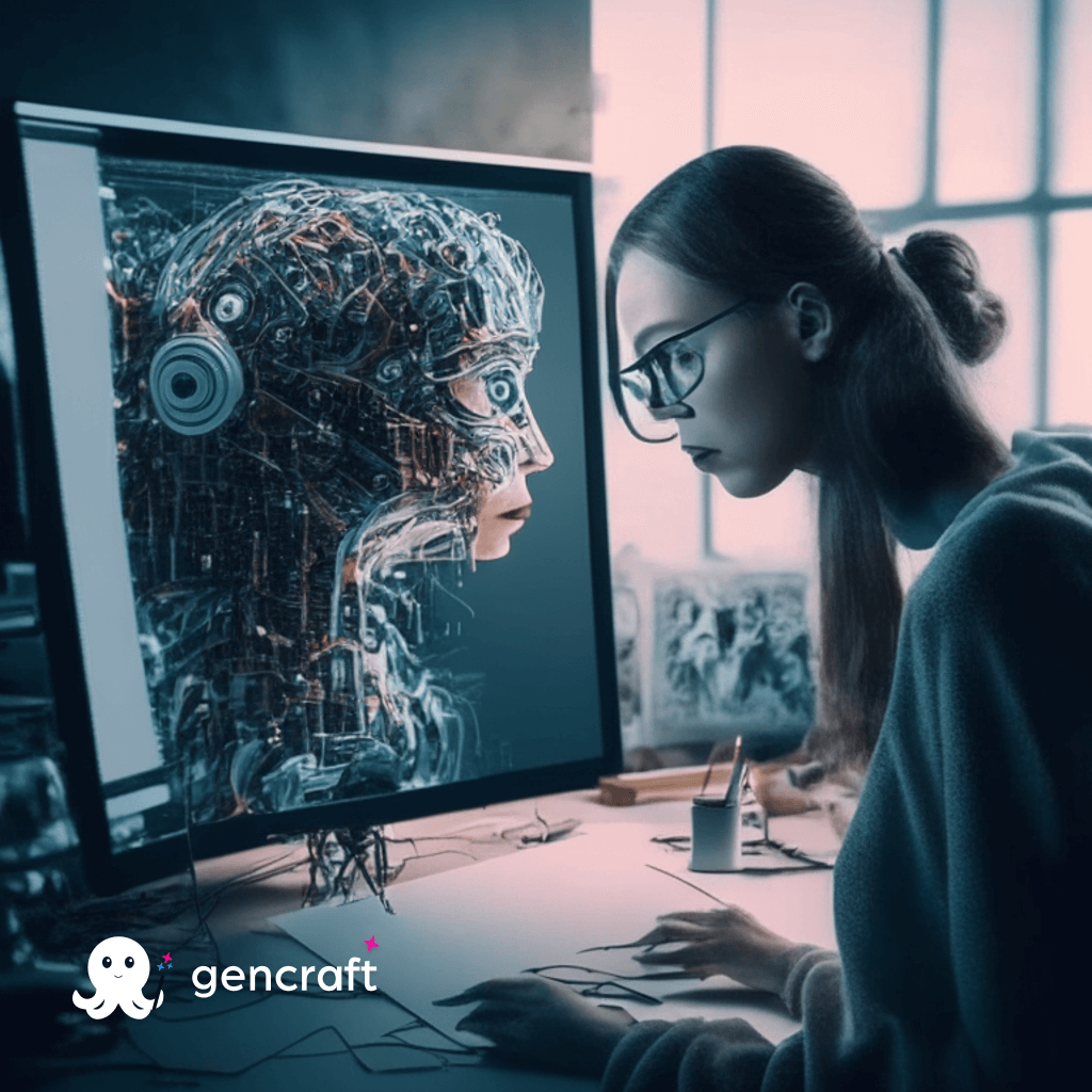 AI generated image of a human working together with AI to create a video 