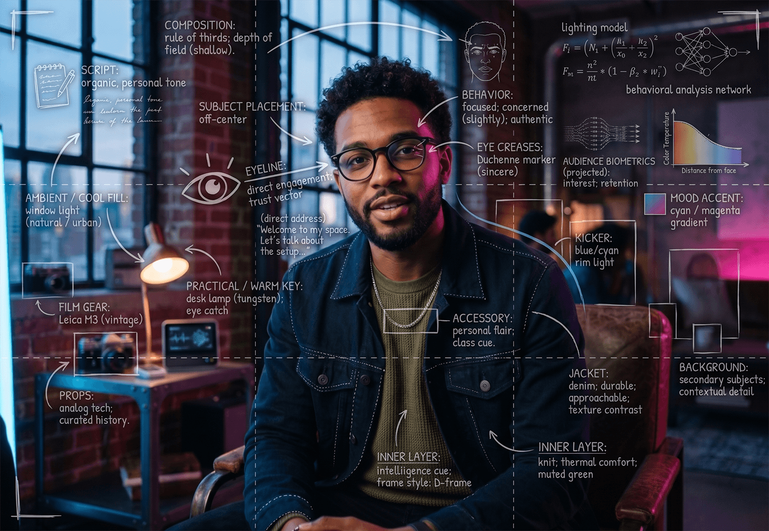 A portrait with notes on story, audience and setting drawn over it