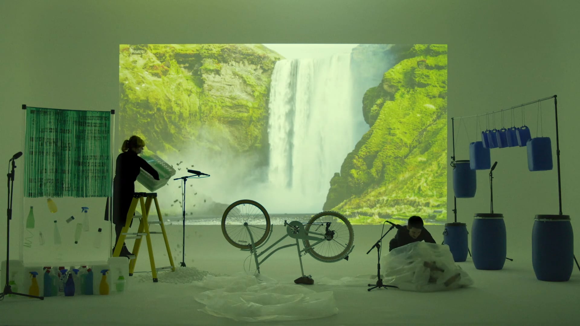 A set build with a projected waterfall, behind the scenes on a Casual shoot